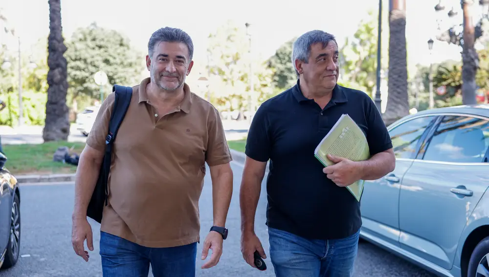 El portavoz de la agrupación ciudadana Tots a Una Veu, Fernando Catalán (i), a su llegada a la reunión con la comisionada del Gobierno para la reconstrucción, Zulima Pérez