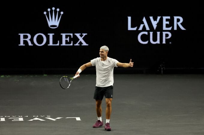 Carlos Alcaraz of Team Europe reacts during a practice session prior to the start of the Laver Cup 2025 at Chase Center on September 17, 2025 in San Francisco, California. 
