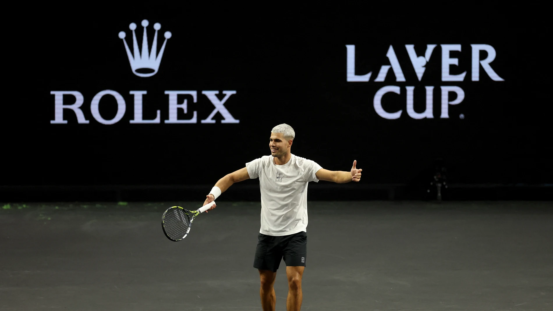 Carlos Alcaraz of Team Europe reacts during a practice session prior to the start of the Laver Cup 2025 at Chase Center on September 17, 2025 in San Francisco, California.