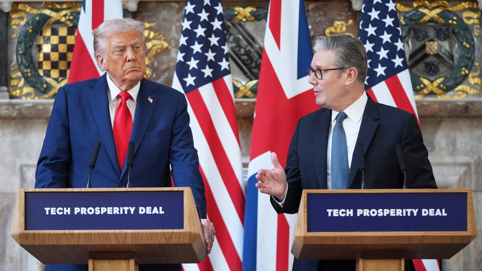 President Donald Trump attends a joint press conference with Britain's Prime Minister Keir Starmer at Chequers near Aylesbury, England, Thursday, Sept. 18, 2025. (AP Photo/Evan Vucci)