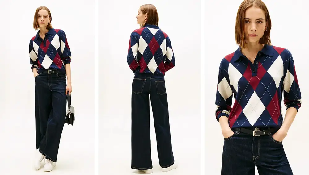 Jersey de punto con rombos y cuello polo (79,90€)
