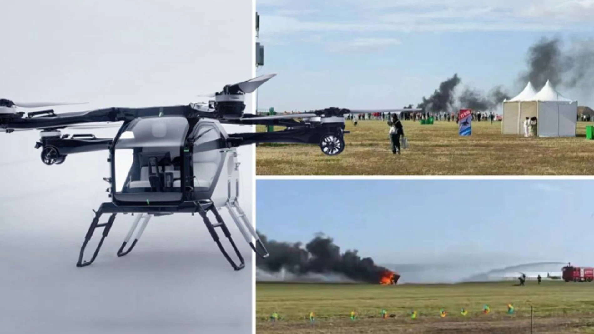 Dos coches voladores colisionan en el aire en China y uno se incendia tras el impacto.