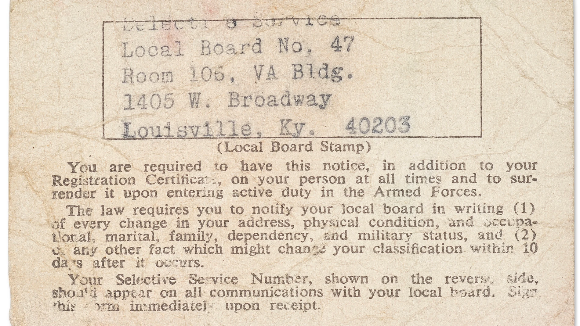 This image provided by Christie’s Auction House shows Muhammad Ali's draft card. (Christie’s Auction House via AP)