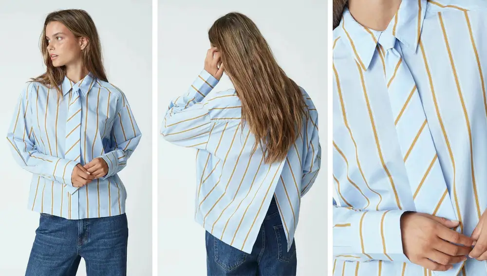 Camisa de rayas azules, marrones y blancas con espalda cruzada y corbata a juego de Co’Couture (109€)