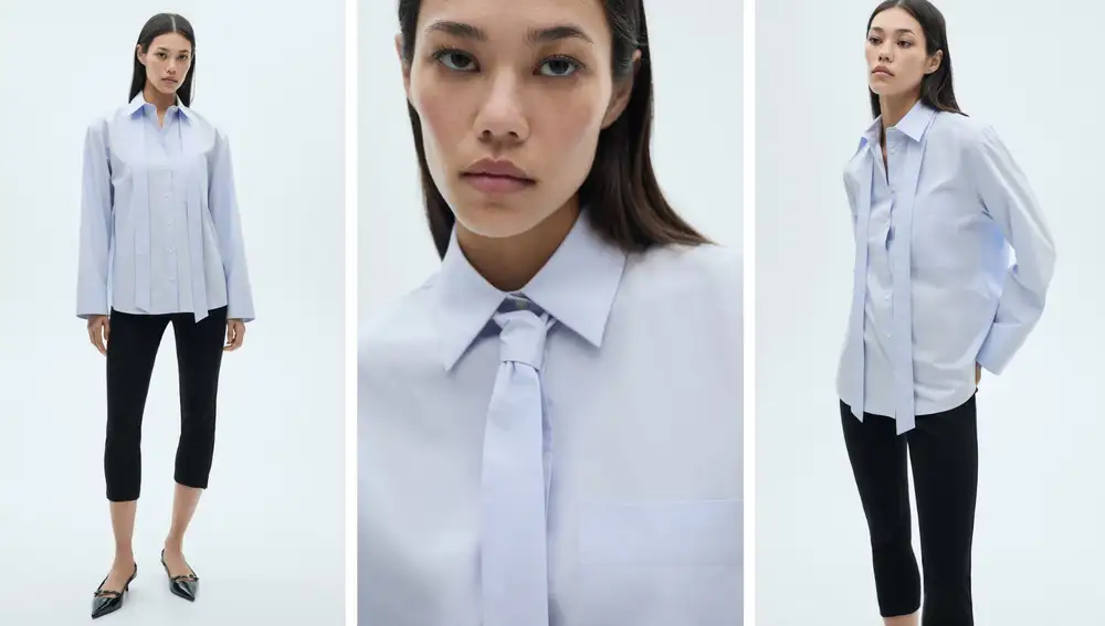 Camisa azul celeste de popelín con lazada al cuello (25,99€)
