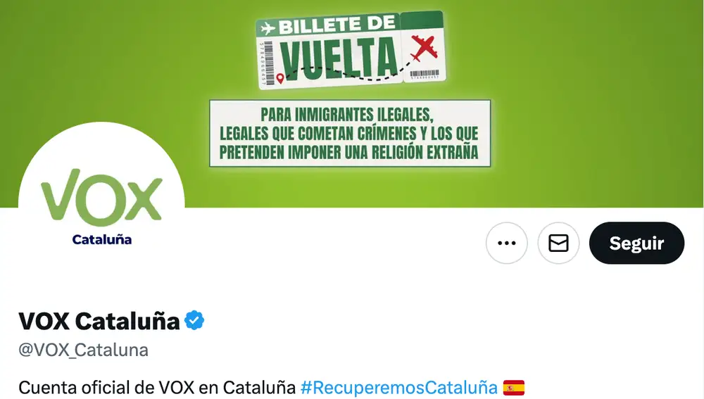 Imagen del perfil y la portada de la cuenta de Vox Cataluña en 'X'.