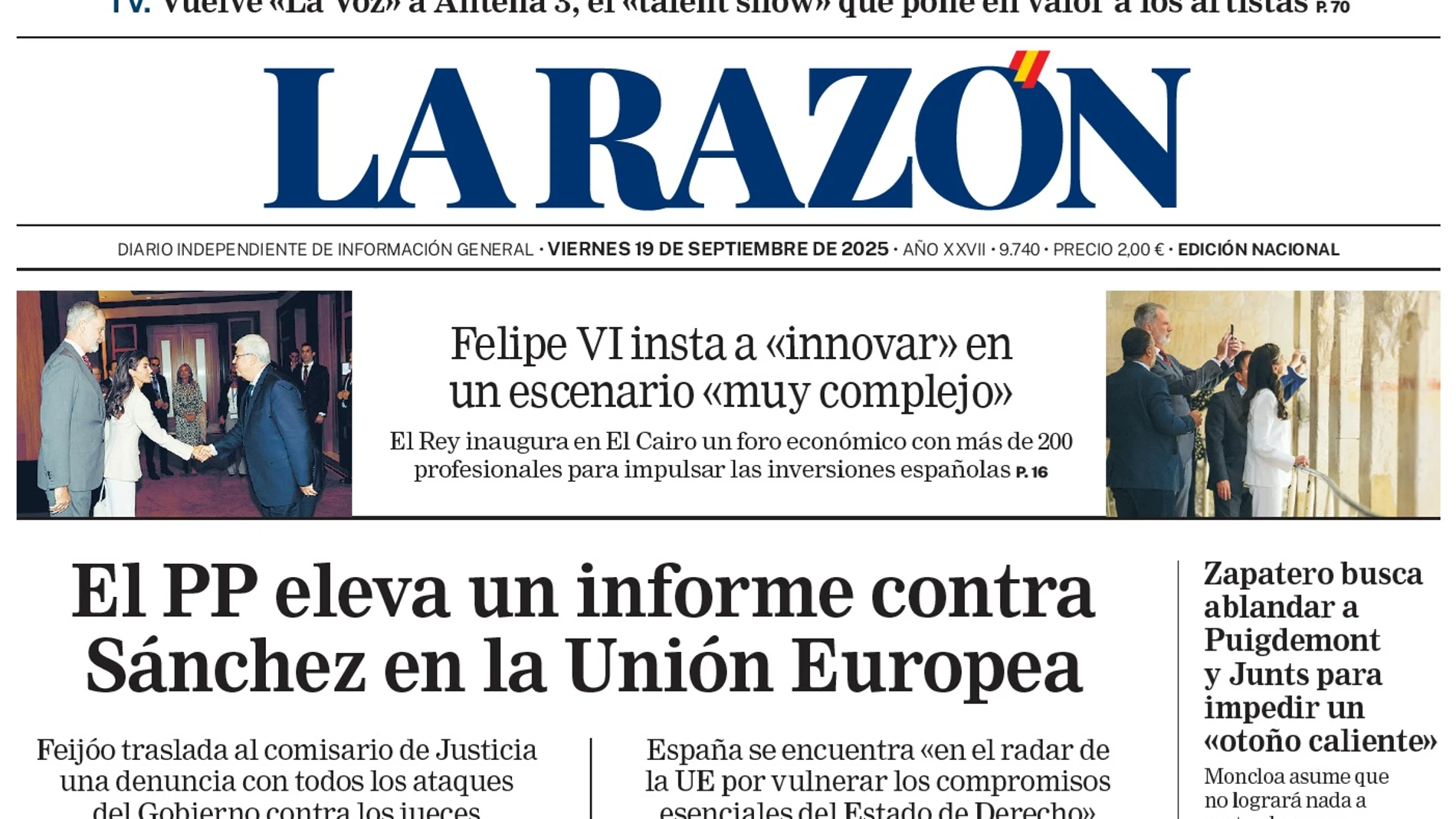 Portada de LA RAZÓN del viernes 19 de septiembre de 2025