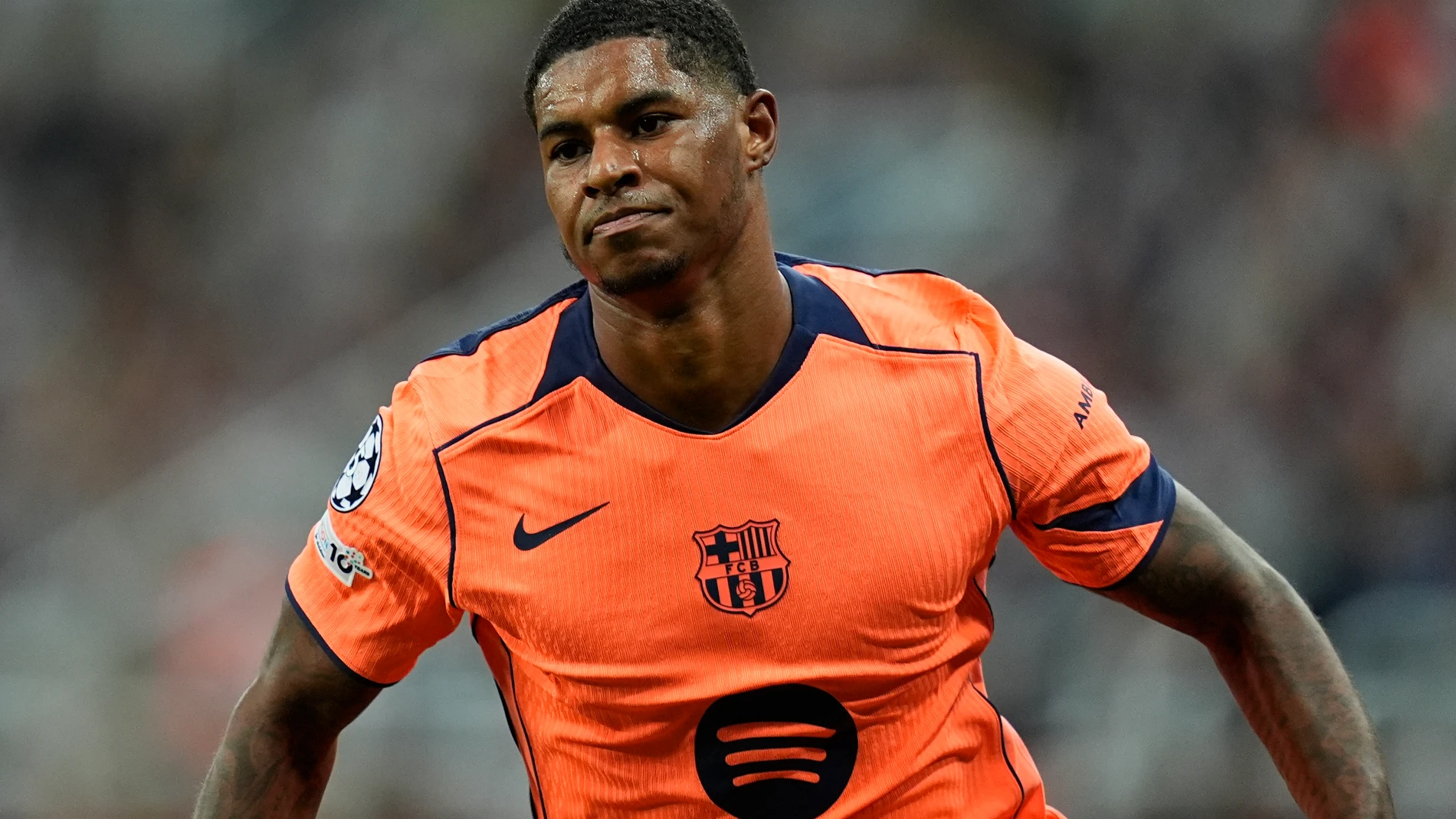 Marcus Rashford of FC Barcelona celebrates a goal during the UEFA Champions League 2025/26 League Phase MD1 match between Newcastle United FC and FC Barcelona at St James' Park on September 18, 2025 in Newcastle upon Tyne, England. AFP7 18/09/2025 ONLY FOR USE IN SPAIN