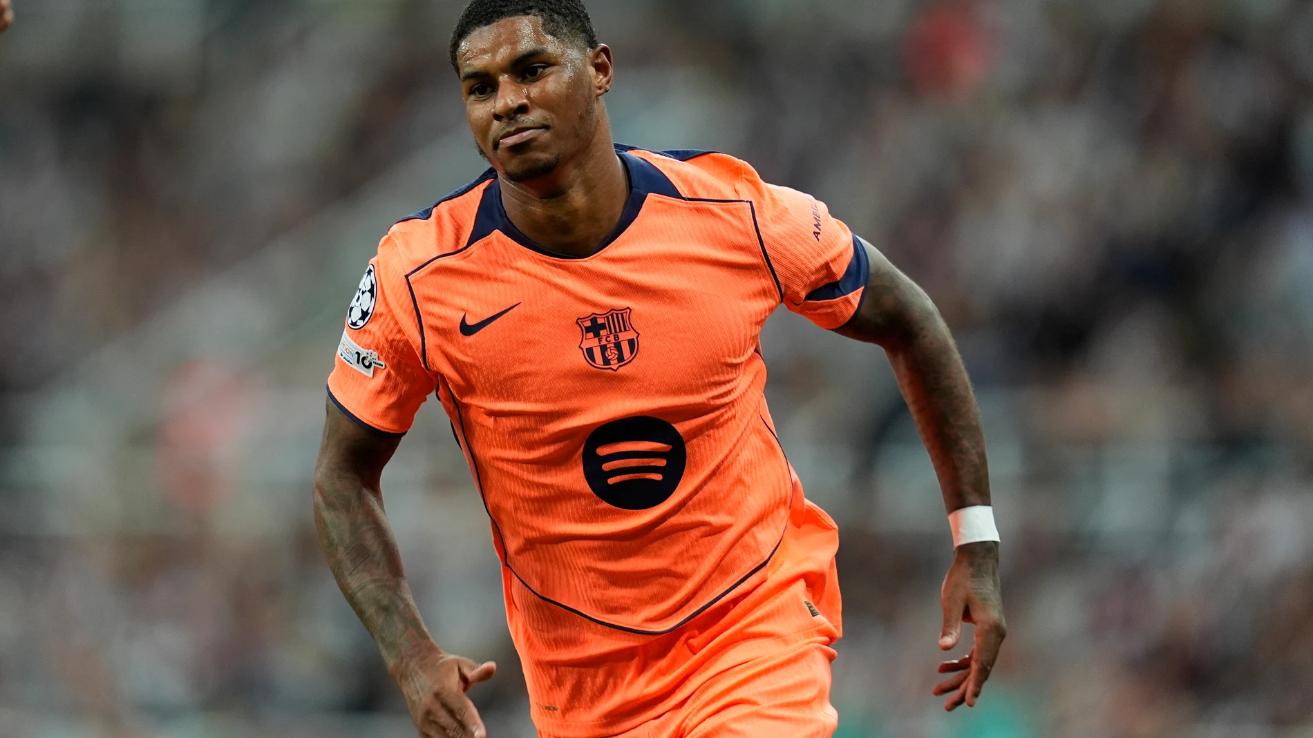 Marcus Rashford of FC Barcelona celebrates a goal during the UEFA Champions League 2025/26 League Phase MD1 match between Newcastle United FC and FC Barcelona at St James' Park on September 18, 2025 in Newcastle upon Tyne, England. AFP7 18/09/2025 ONLY FOR USE IN SPAIN