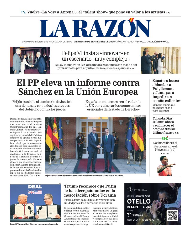 Portada de LA RAZÓN del viernes 19 de septiembre de 2025