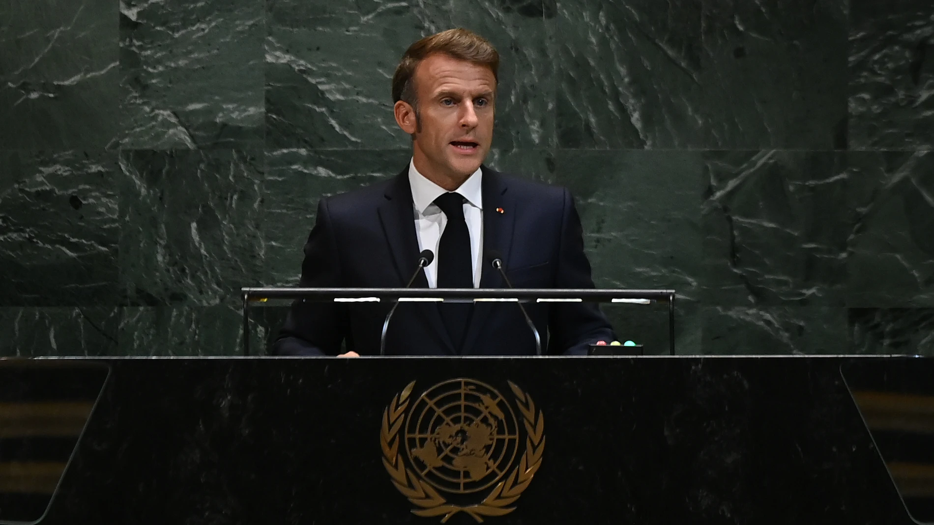 UNITED NATIONS, Sept. 23, 2025 -- French President Emmanuel Macron delivers a speech during the General Debate of the 80th session of the United Nations General Assembly (UNGA) at the UN headquarters in New York, Sept. 23, 2025. Europa Press/Contacto/Li Rui 23/09/2025 ONLY FOR USE IN SPAIN