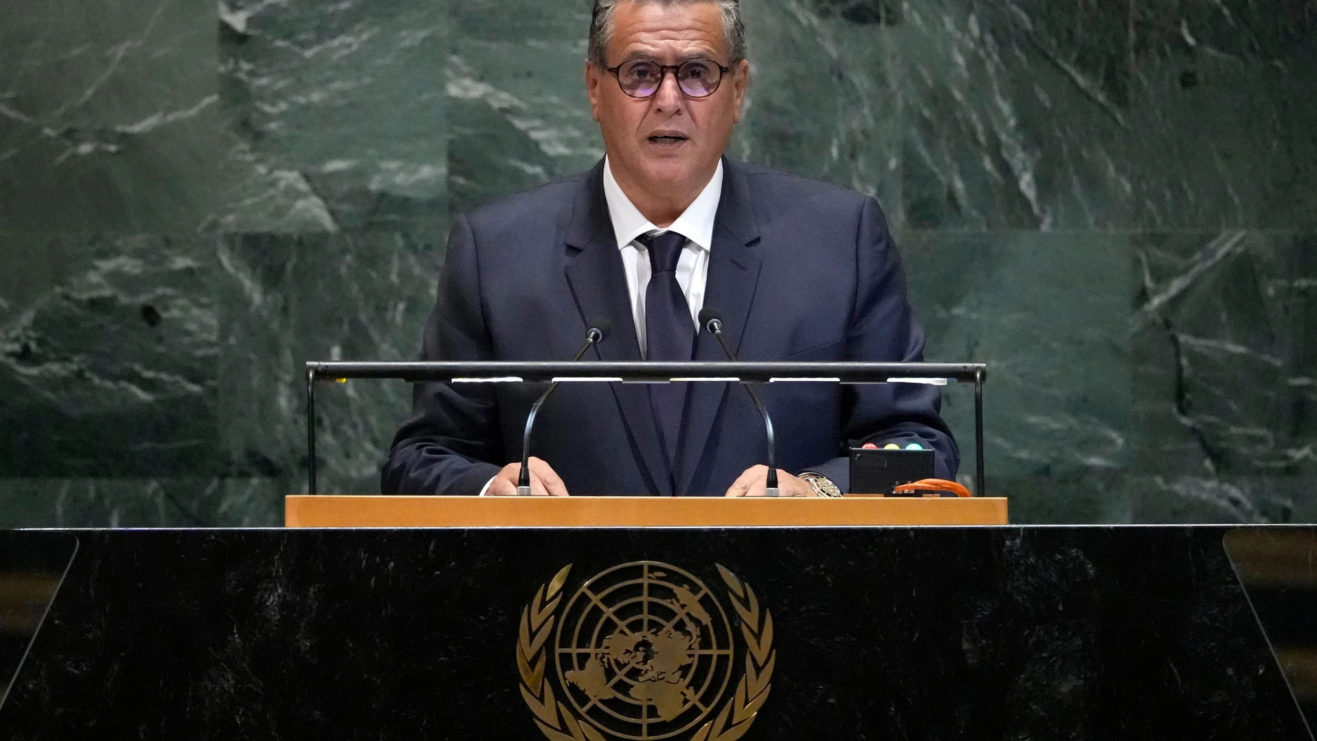 Morocco's Prime Minister Aziz Akhannouch addresses the 80th session of the United Nations General Assembly, Tuesday, Sept. 23, 2025, at U.N. headquarters. (AP Photo/Pamela Smith)