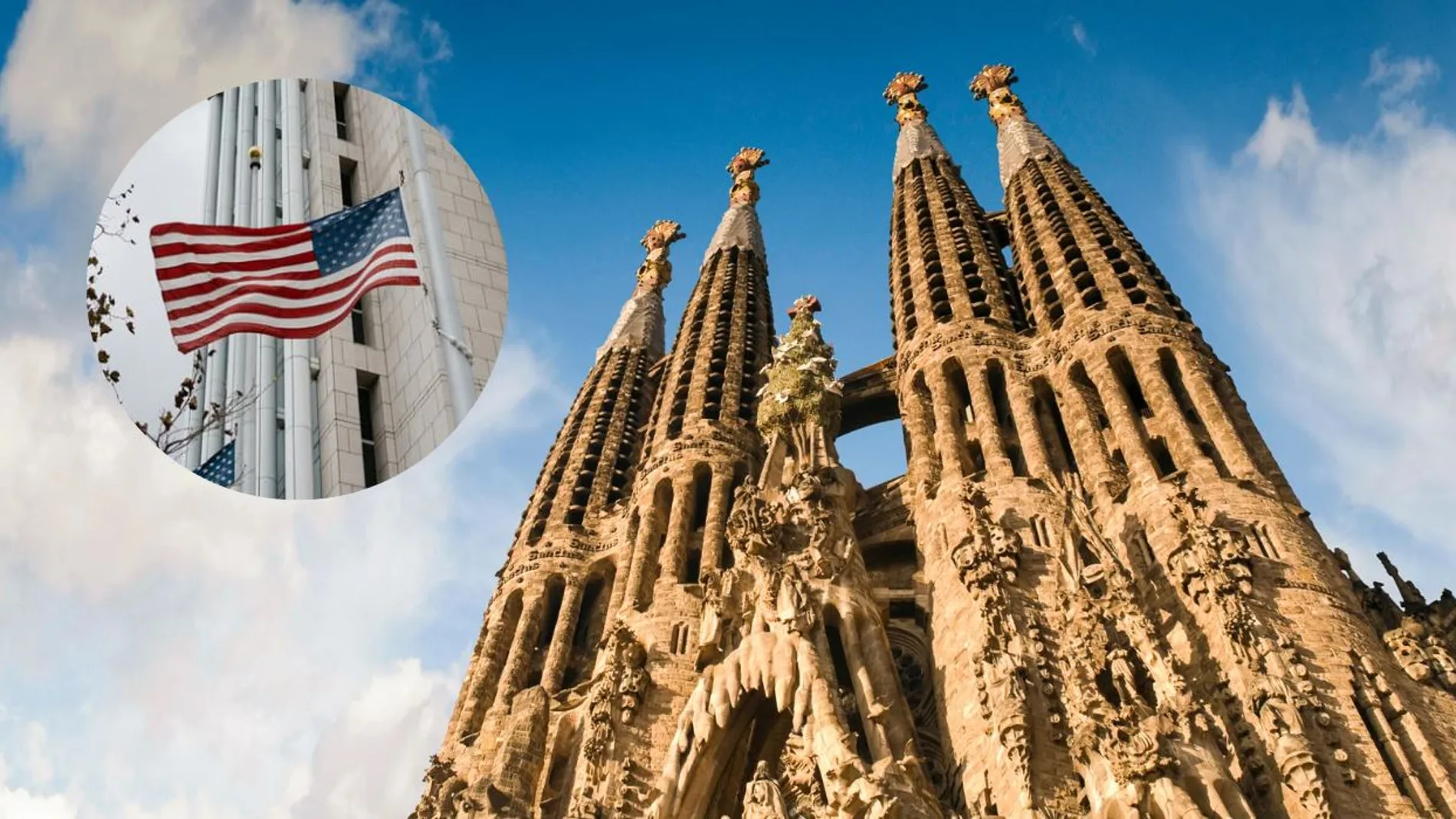 Imagen de la Sagrada Familia junto a una bandera de Estados Unidos