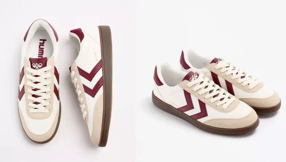 Zapatillas Hummel en blanco con detalles en burdeos (25,99€)