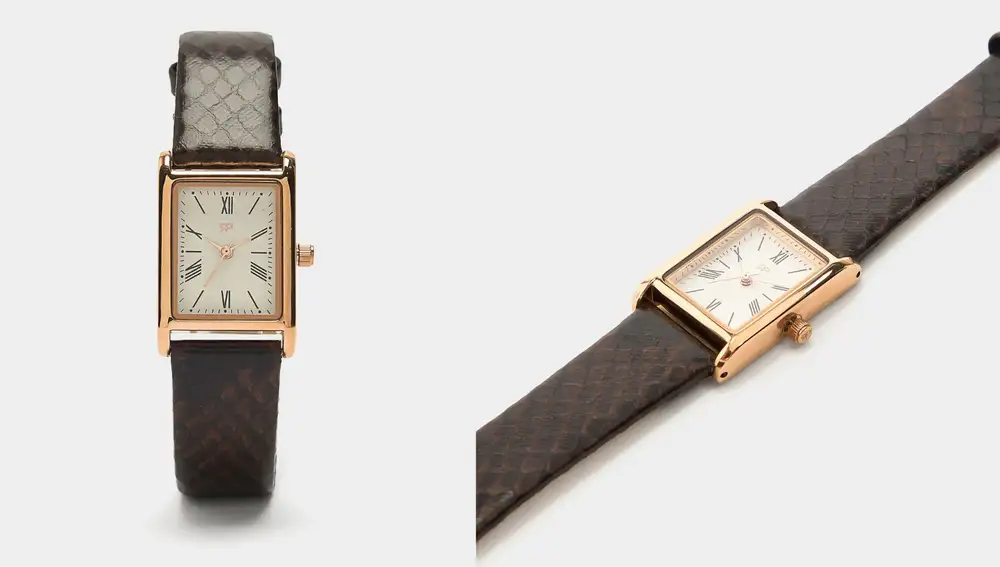 Reloj cuadrado dorado con correa marrón imitación piel de serpiente (23,99€)