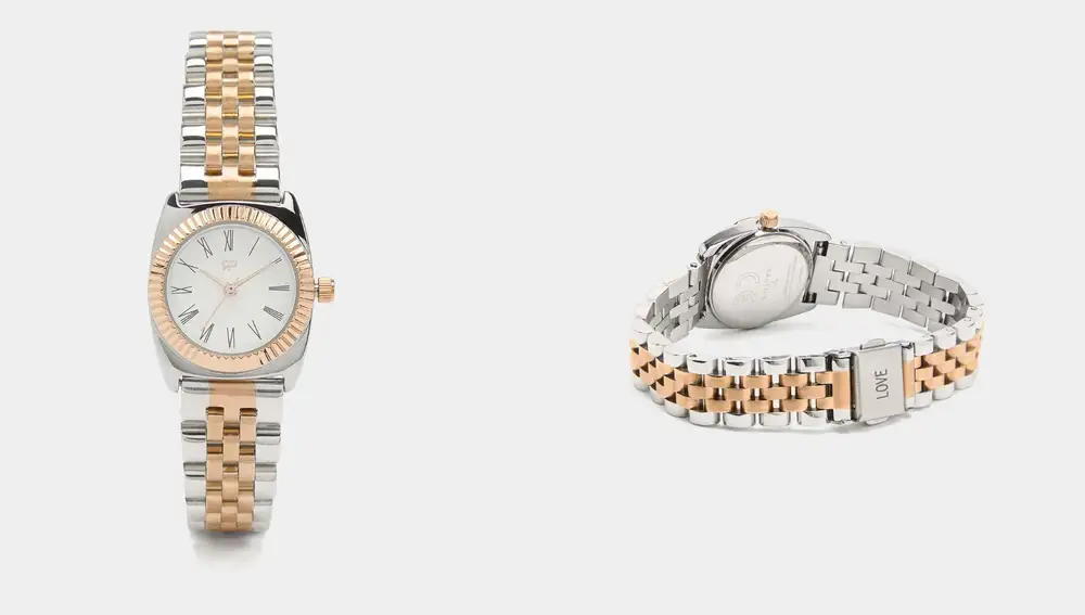 Reloj bicolor en dorado y plateado con pulsera de eslabones (35,99€)