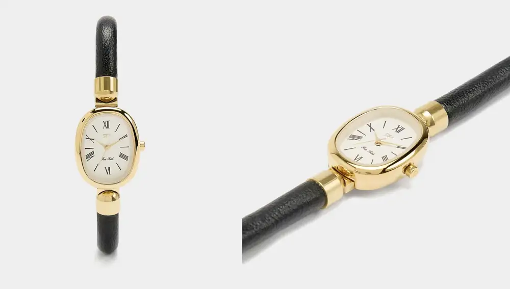 Reloj ovalado dorado con correa de piel (39,99€)