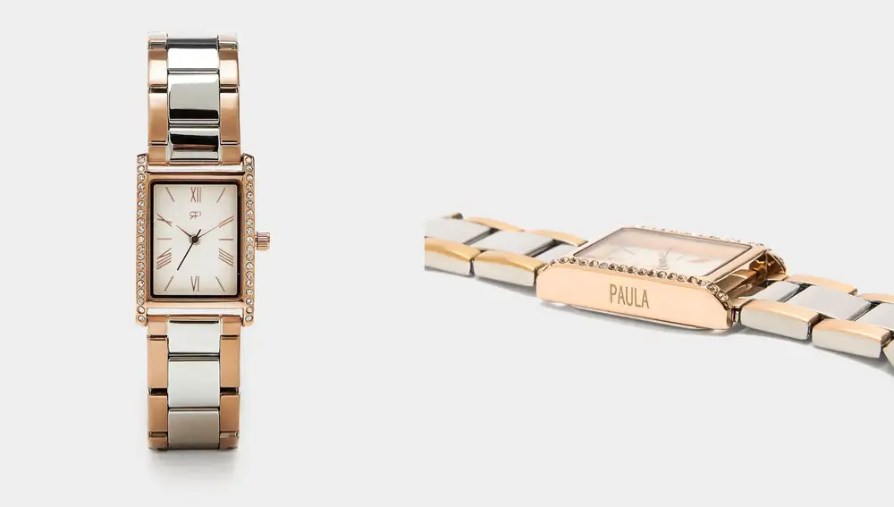 Reloj bicolor en dorado rosado y plateado con bisel con strass (32,99€)