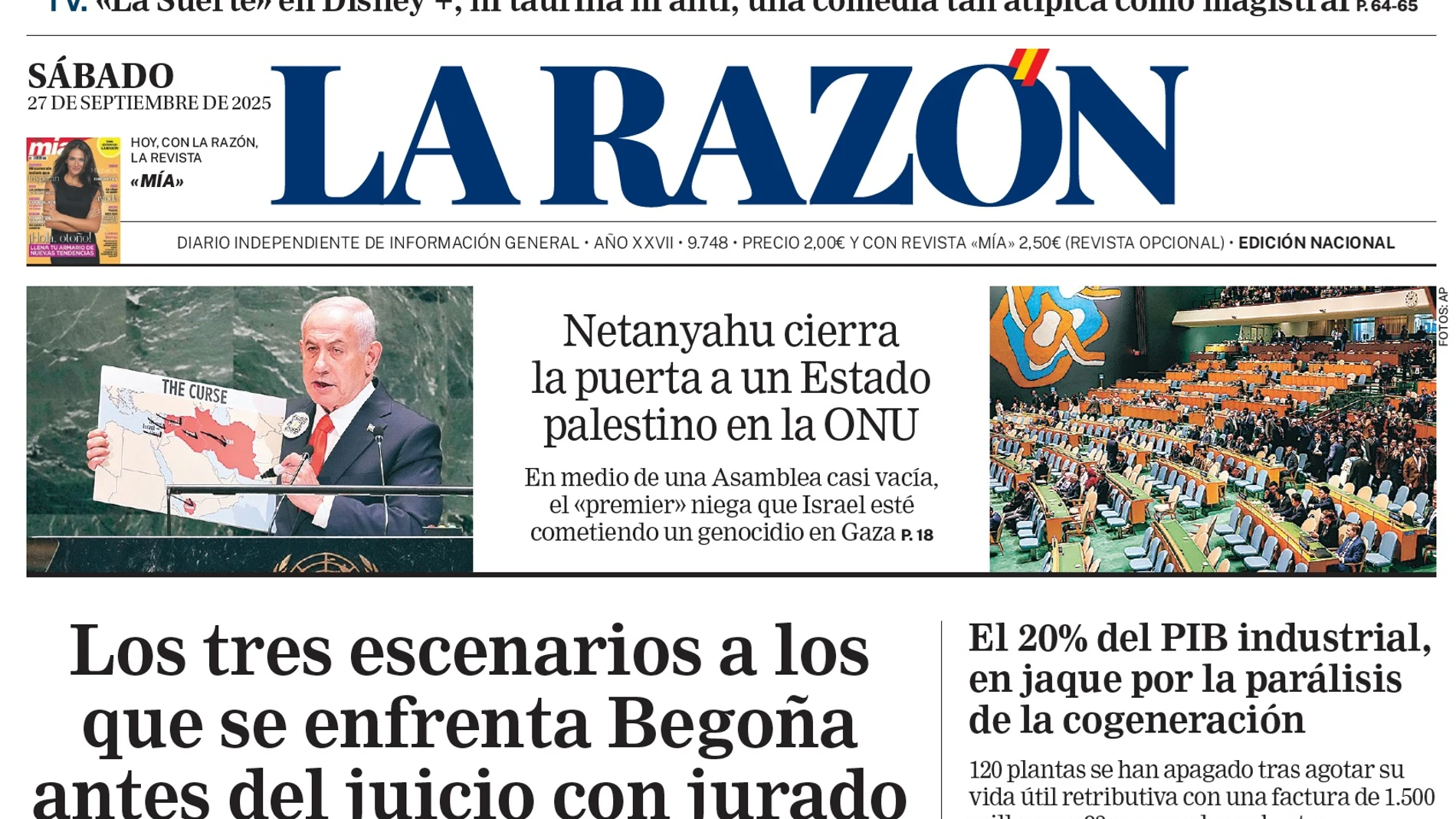 Portada de LA RAZÓN de este sábado 27 de septiembre de 2025