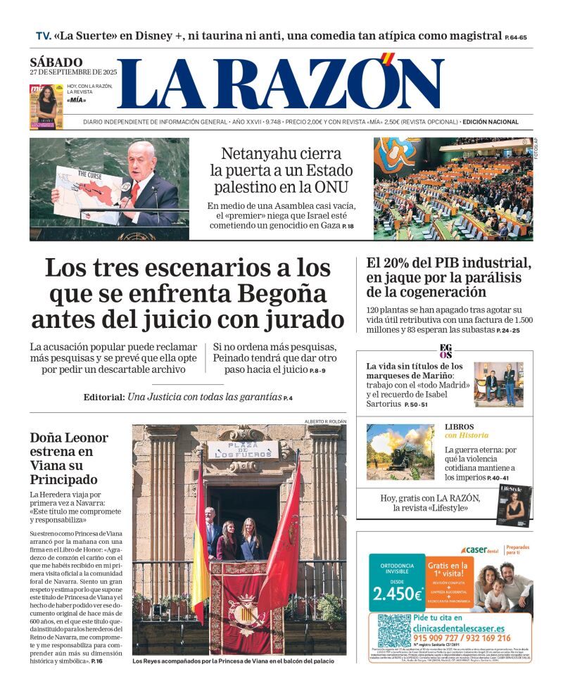 Portada de LA RAZÓN de este sábado 27 de septiembre de 2025