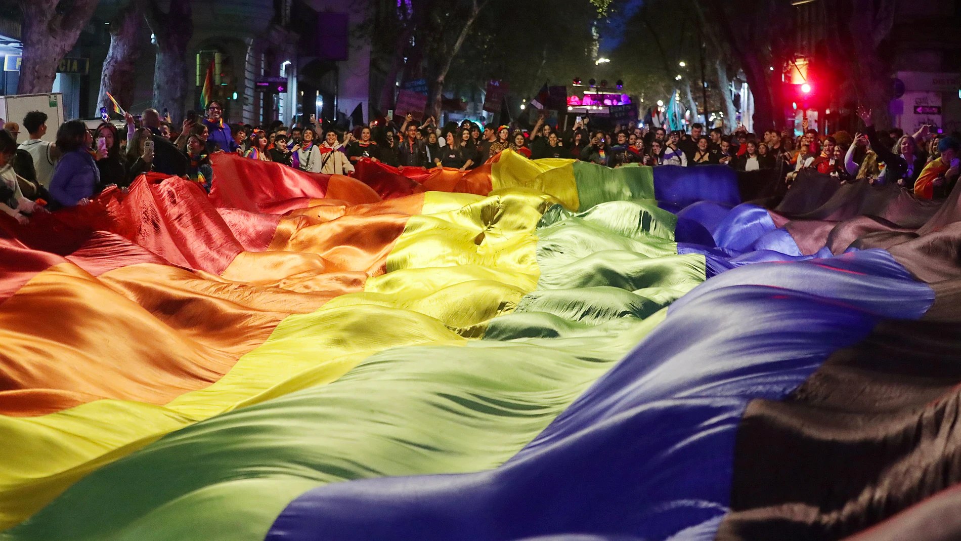 AME2877. MONTEVIDEO (URUGUAY), 26/09/2025.- Personas participan en la celebración de los 20 años de la Marcha de la Diversidad, bajo la consigna “Si hay derechos, que se note” este viernes, en Montevideo (Uruguay). Empuñando sus banderas con orgullo para enfrentar los discursos de odio con brillo, color y alegría, los colectivos LGTBI de Uruguay marcharon por las calles de la capital para reclamar que las pioneras leyes trans y antidiscriminación del país se cumplan "en su totalidad". EFE/ Al...