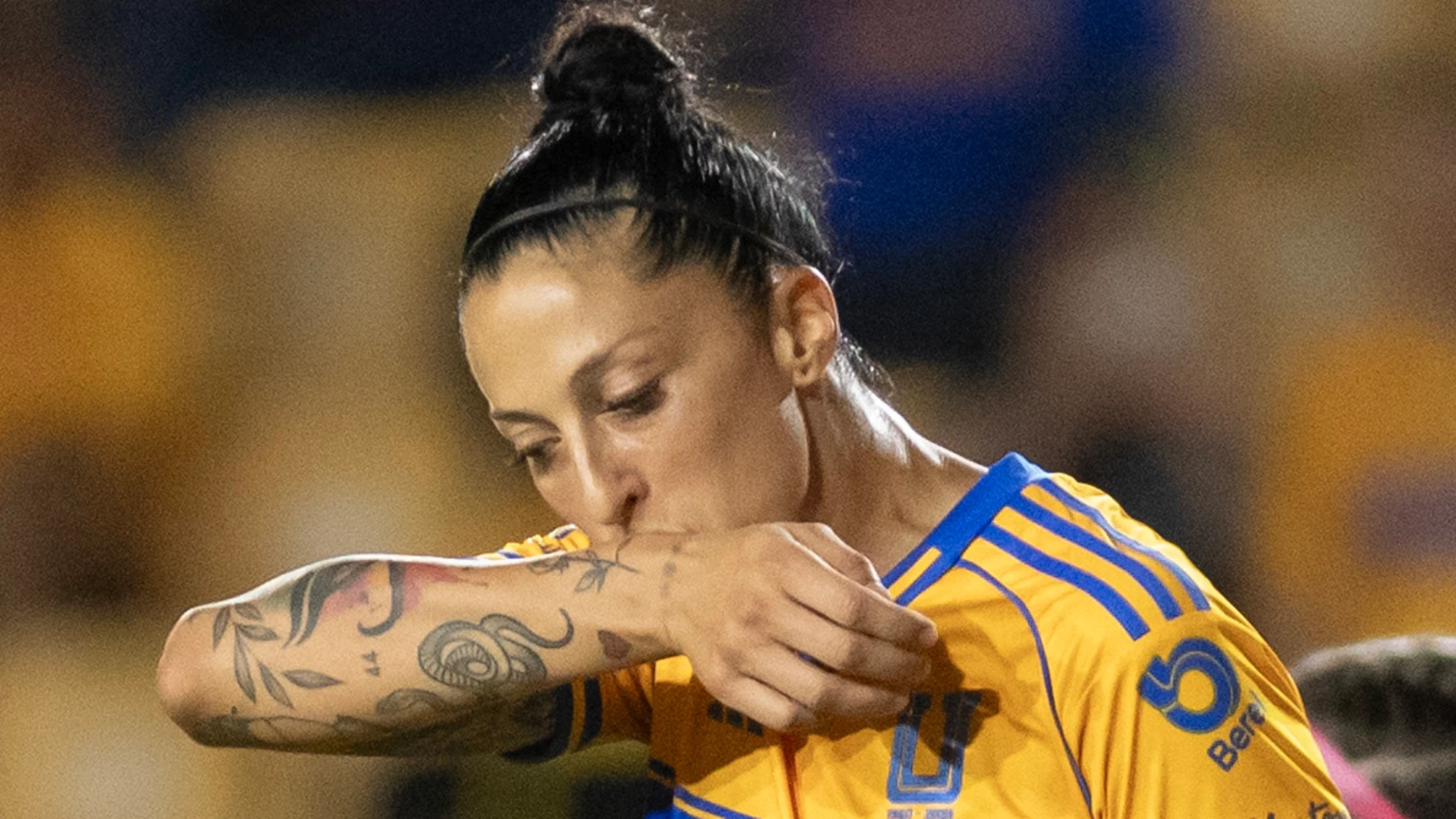 AME2944. MONTERREY (MÉXICO), 26/09/2025.- Jennifer Hermoso de Tigres celebra un gol este viernes, durante un partido de la Liga Femenil MX entre Tigre y León en el estadio Universitario, en Monterrey (México). EFE/ Miguel Sierra