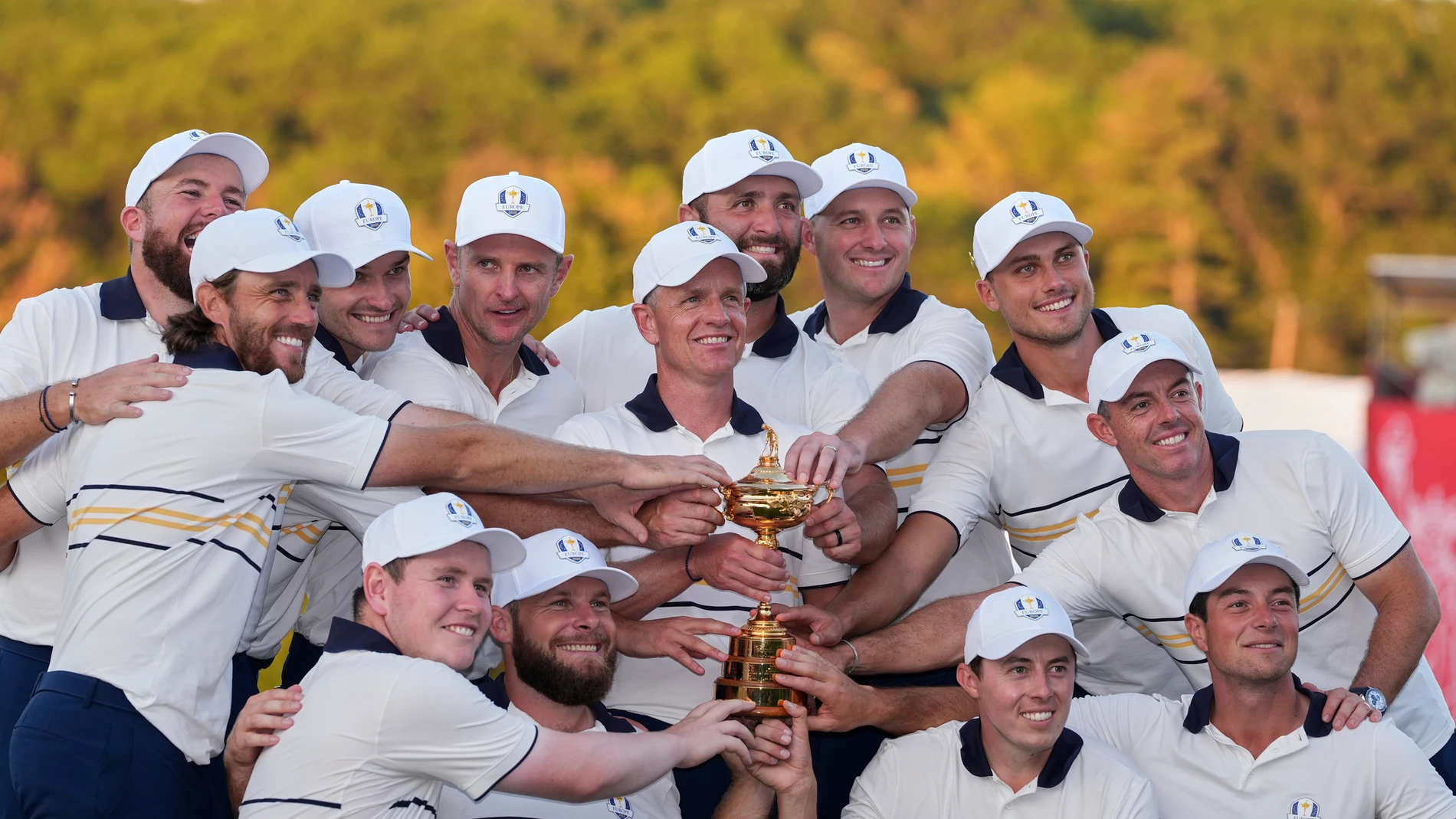 Europe poses with the trophy after winning the Ryder Cup golf tournament against the United States on the Bethpage Black golf course, Sunday, Sept. 28, 2025, in Farmingdale, N.Y. (AP Photo/Lindsey Wasson)