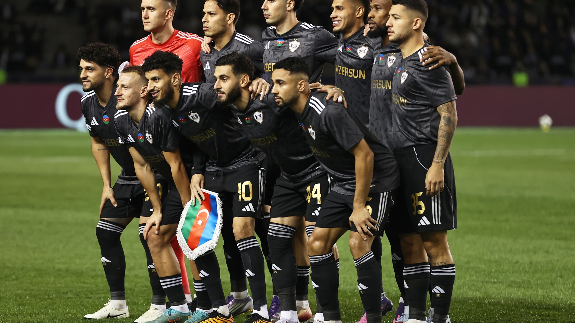 Qarabag's players pose for a photo ahead of the Champions League opening phase soccer match between Qarabag and FC Copenhagen at the Tofiq Bahramov stadium in Baku, Azerbaijan, Wednesday, Oct. 1, 2025. (AP Photo)