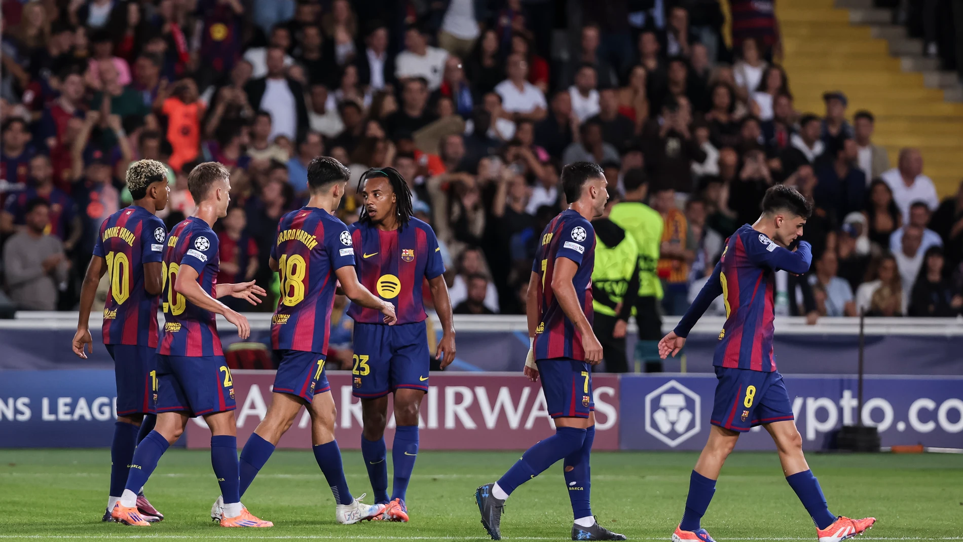 Ferran Torres of FC Barcelona celebrates a goal with teammates during the UEFA Champions League 2025/26 League Phase MD2, match between FC Barcelona and Paris Saint-Germain at Estadi Olimpic Lluis Companys on October 01, 2025 in Barcelona, Spain. AFP7 01/10/2025 ONLY FOR USE IN SPAIN