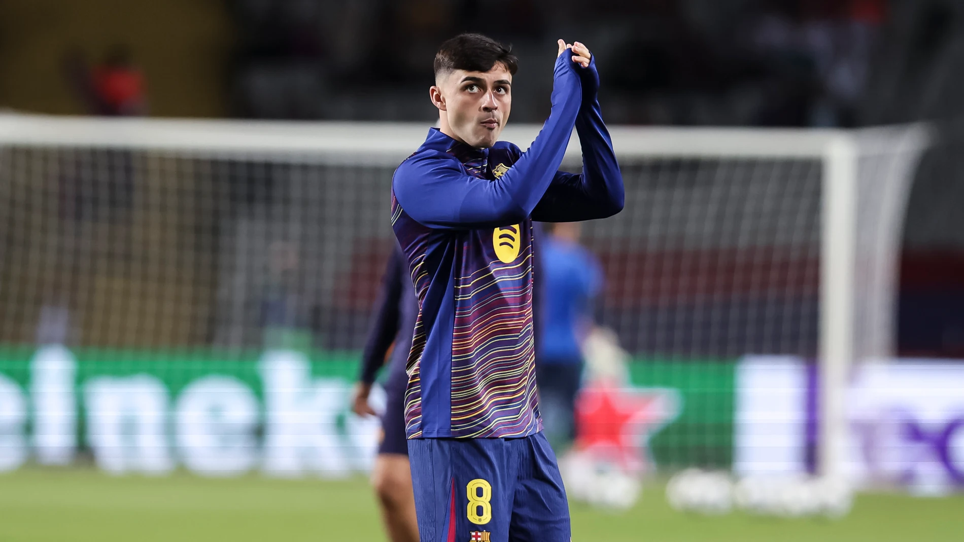 Pedri of FC Barcelona looks on during the UEFA Champions League 2025/26 League Phase MD2, match between FC Barcelona and Paris Saint-Germain at Estadi Olimpic Lluis Companys on October 01, 2025 in Barcelona, Spain. AFP7 01/10/2025 ONLY FOR USE IN SPAIN
