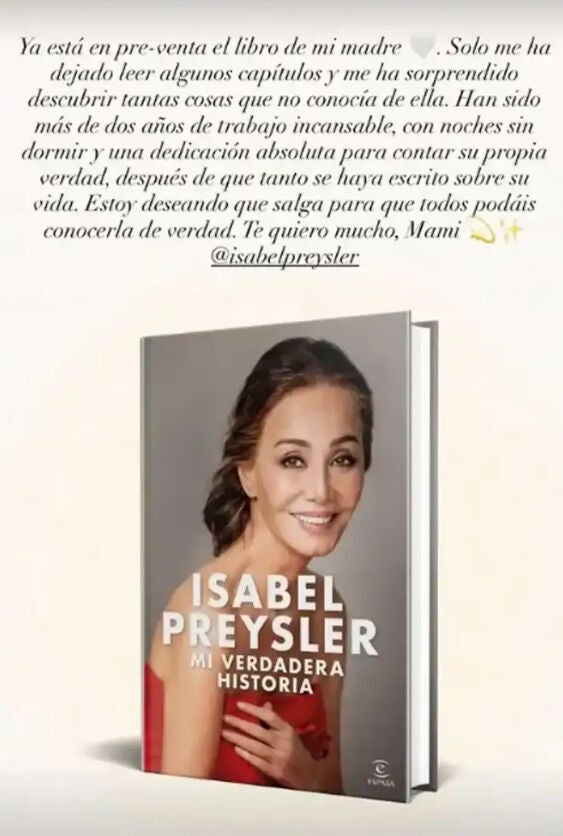 Story de Tamara Falcó promocionando las memorias de Isabel Preysler