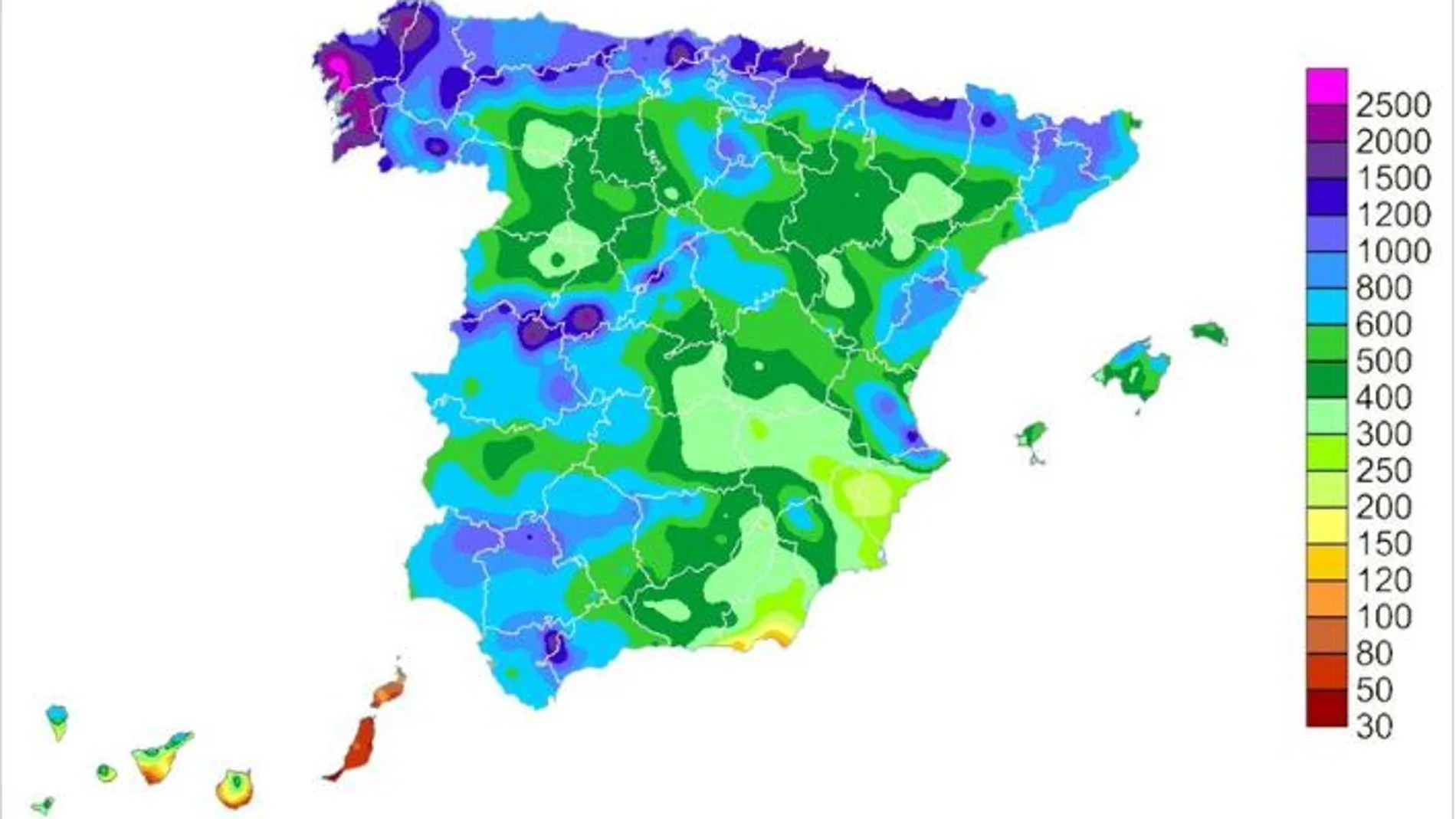 En el año hidrológico 2024-2025 se superaron los 2500 mm en zonas del oeste de la provincia de A Coruña