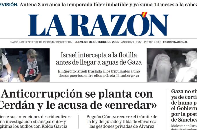 Portada de LA RAZÓN de este jueves 2 de octubre de 2025