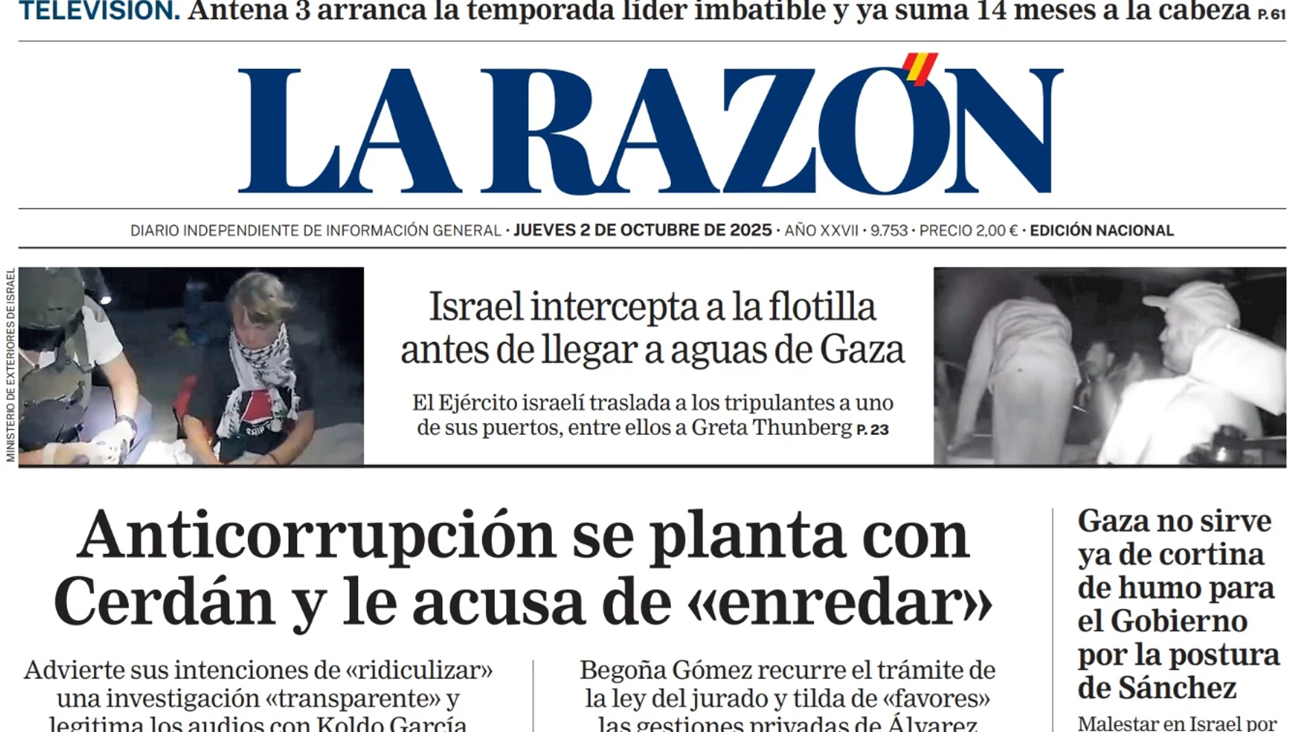 Portada de LA RAZÓN de este jueves 2 de octubre de 2025