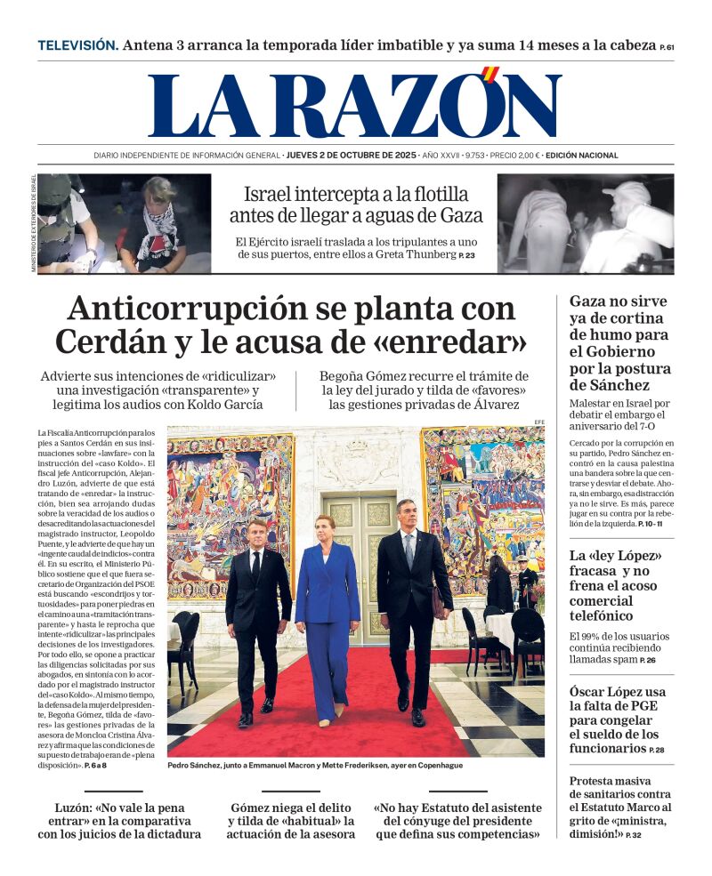 Portada de LA RAZÓN de este jueves 2 de octubre de 2025
