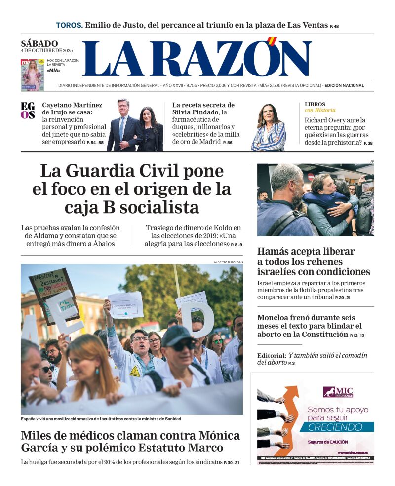 Portada de LA RAZÓN de este sábado 4 de octubre de 2025