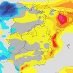 Mapa con la variación térmica media esperada para este sábado 4 de octubre: en azul, descensos; en rojo, ascensos