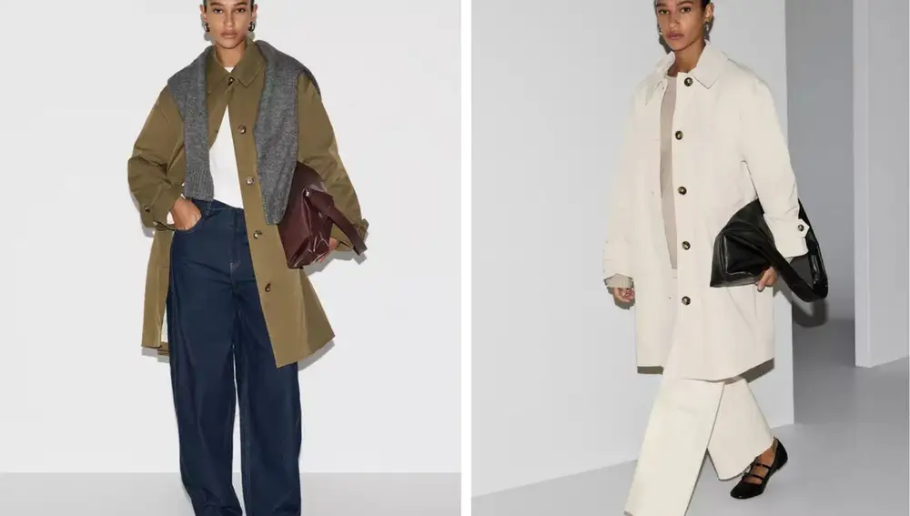 Dos formas de llevar la gabardina de Lefties: versión verde caqui con vaqueros y versión beige con conjunto claro