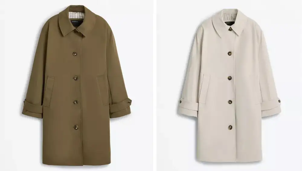 Gabardina recta con cuello camisero disponible en beige y verde caqui (35,99€)