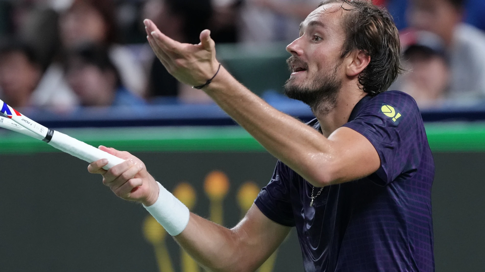Daniil Medvedev of Russia reacts after during the men's singles match against Learner Tien of the United States in the Shanghai Masters tennis tournament at Qizhong Forest Sports City Tennis Center, in Shanghai, China, Wednesday, Oct. 8, 2025. (AP Photo/Andy Wong)