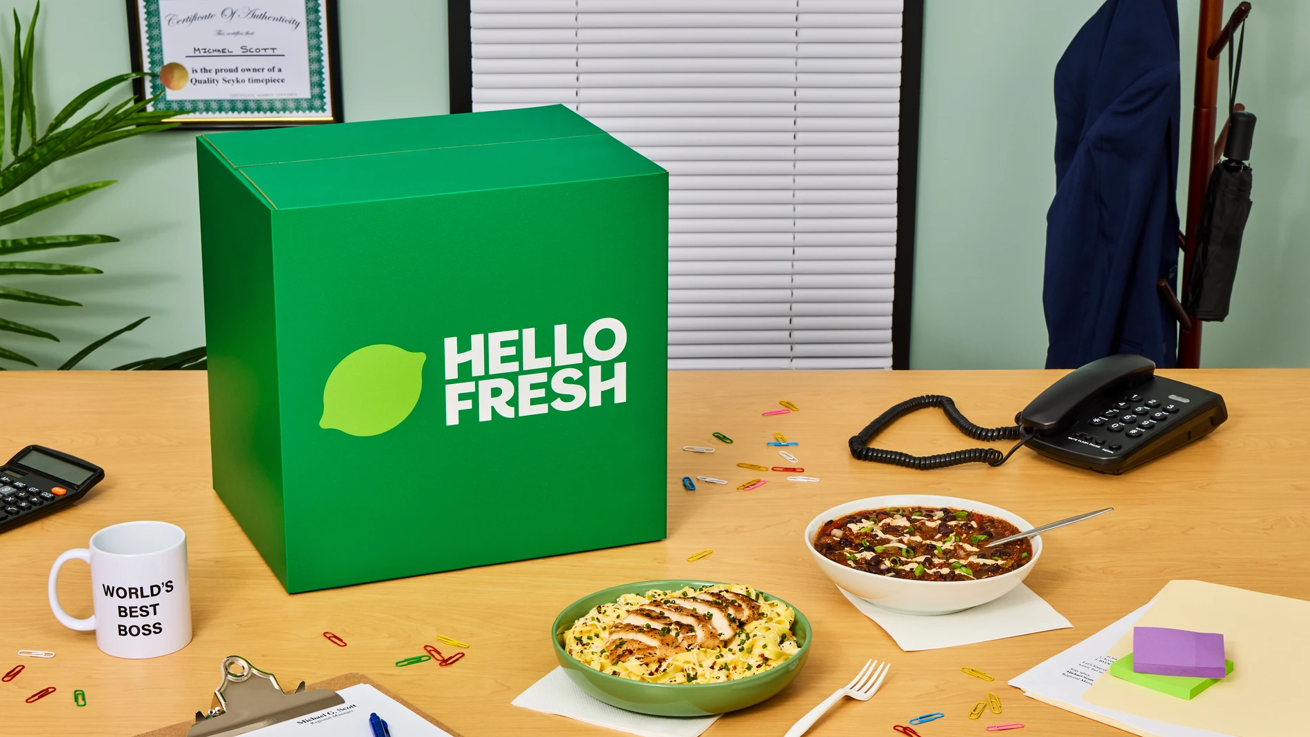 HelloFresh subscribers can now enjoy Kevin Malone’s Famous Chili and Michael Scott’s Fun Run Alfredo at home with HelloFresh’s limited-time The Office Eats menu. (Photo Credit: HelloFresh / © Universal Television LLC. All Rights Reserved.)