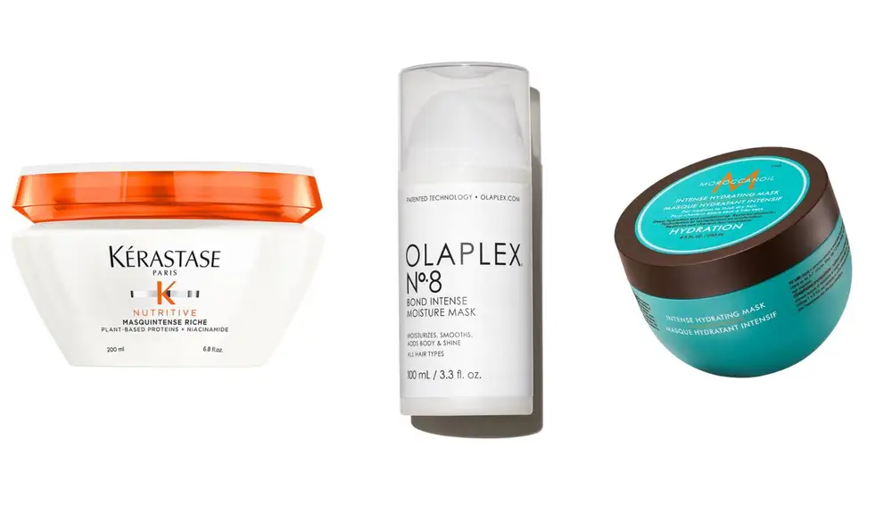 Tres fórmulas icónicas para nutrir y reparar el cabello seco: Kérastase, Olaplex y Moroccanoil.