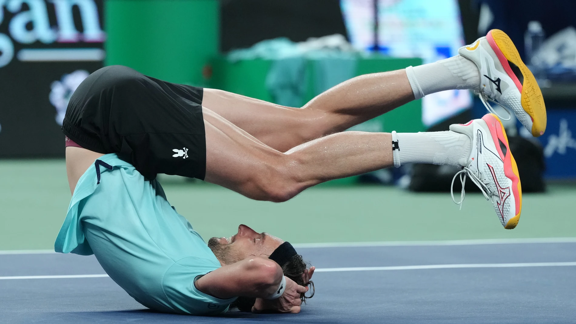 Arthur Rinderknech of France reacts after defeating Daniil Medvedev of Russia in their men's singles semifinal match of the Shanghai Masters tennis tournament at Qizhong Forest Sports City Tennis Center, in Shanghai, China, Saturday, Oct. 11, 2025. (AP Photo/Andy Wong)