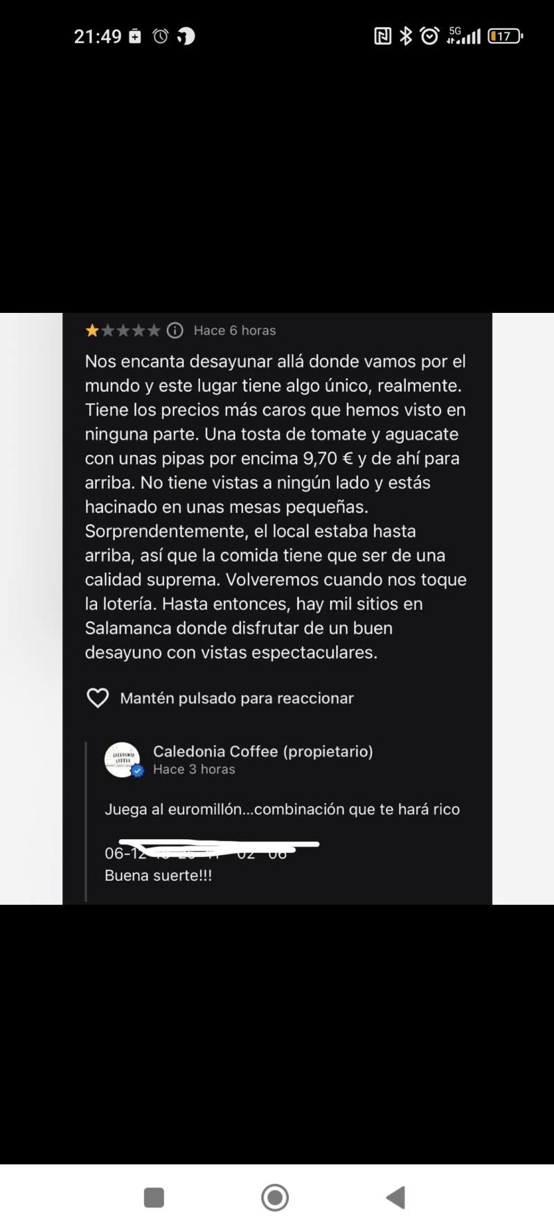 Captura de la conversación entre cliente y propietario en redes sociales