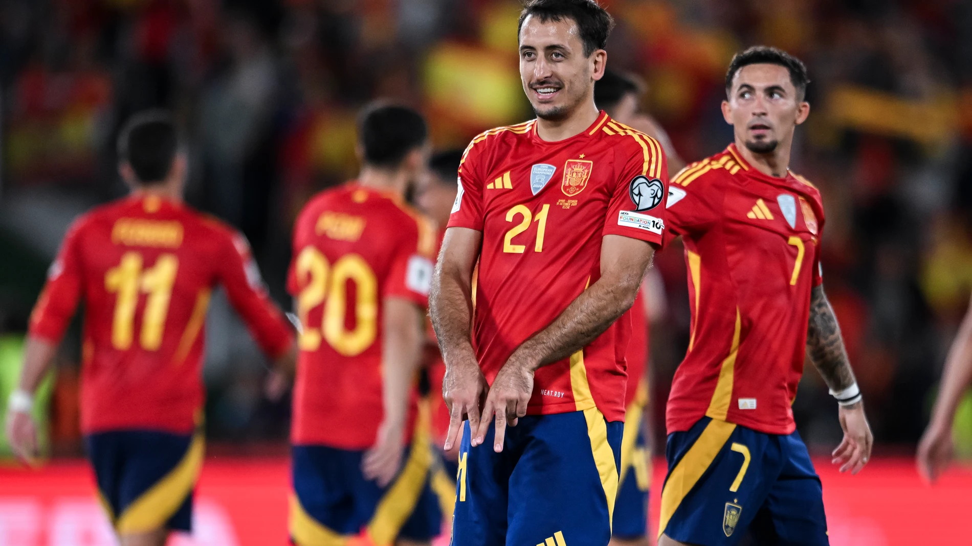 Mikel Oyarzabal of Spain celebrates a goal during the FIFA World Cup 2026 Group E European qualification football match between Spain and Georgia at Manuel Martinez Valero Stadium on October 11, 2025 in Elche, Spain. AFP7 11/10/2025 ONLY FOR USE IN SPAIN