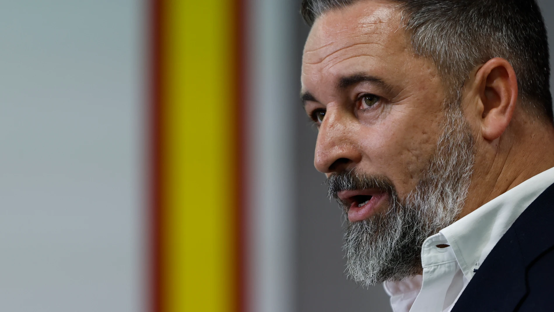 MADRID, 13/10/2025.- El líder de Vox, Santiago Abascal durante la rueda de prensa ofrecida este lunes tras la reunión del Comité Ejecutivo Nacional del partido. EFE/Mariscal