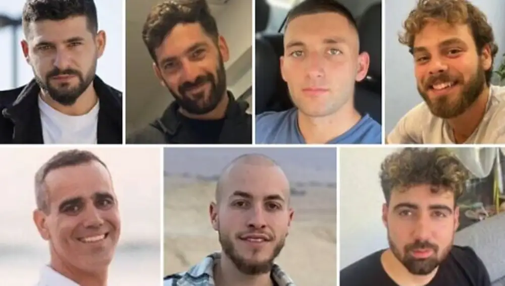 Los siete rehenes israelíes liberados Ziv Berman, Gali Berman, Matan Angrest, Alon Ohel; Bottom row from left: Omri Miran, Eitan Mor, Guy Gilboa-Dalal