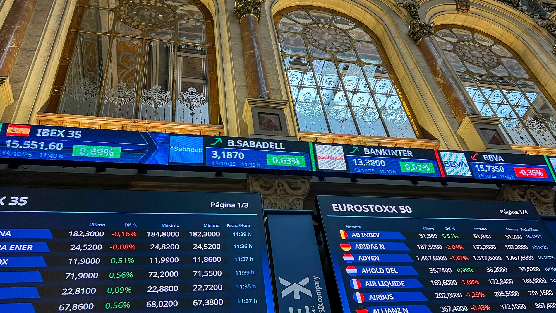 MADRID, 13/10/2025.- La Bolsa española sube el 0,60 % tras la apertura de este lunes, por encima de los 15.500 puntos, pendiente de las tensiones entre EE. UU. y China que, no obstante, se han moderado después de que el presidente estadounidense, Donald Trump, se mostrara dispuesto a un acuerdo. EFE/ Altea Tejido