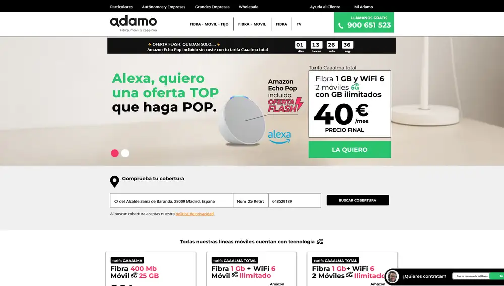 El banner de la oferta en la web de Adamo