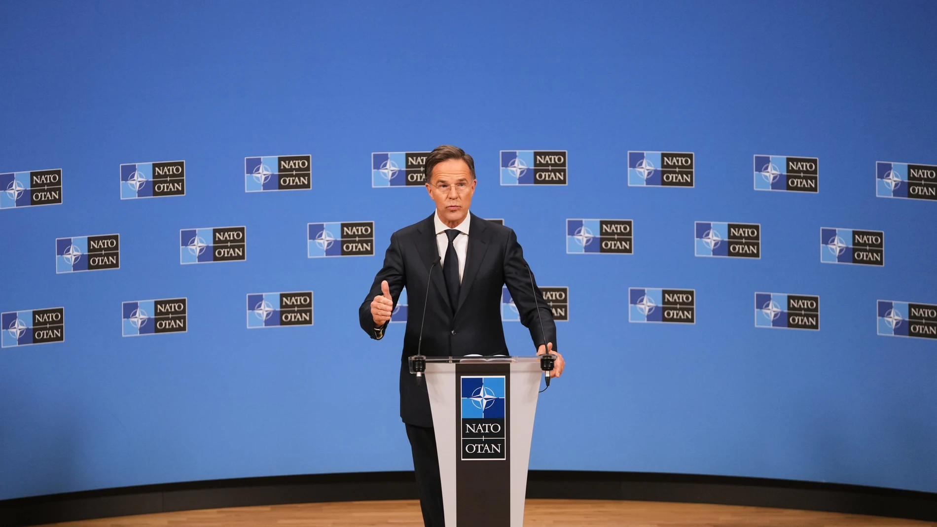 NATO Secretary General Mark Rutte addresses a media conference during a meeting of NATO defense ministers at NATO headquarters in Brussels, Wednesday, Oct. 15, 2025 (AP Photo/Virginia Mayo)